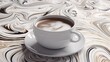  a cup of coffee on a saucer on a marbled table top with swirly swirls in the background and a white saucer on the saucer.  generative ai