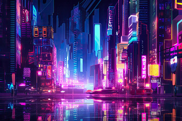 Futuristic city at night with neon lights billboards in vibrant colors. Generative AI