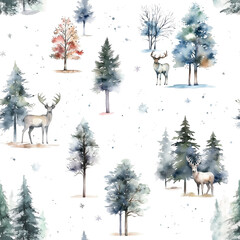 watercolor seamless pattern with reindeer and trees. winter christmas background for wrapping paper,