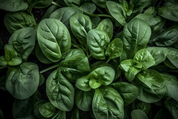 A close-up photograph of fresh baby spinach leaves against a natural, blurred background.