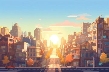 Pixel illustration of a beautiful sunny city with sun rays. Generative AI