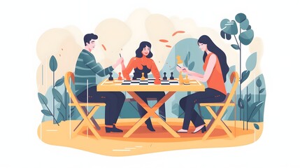 Flat illustration of people playing board games.