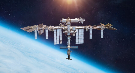 Aufkleber - ISS space station on orbit of the Earth planet. Astronauts in space. Elements of this image furnished by NASA