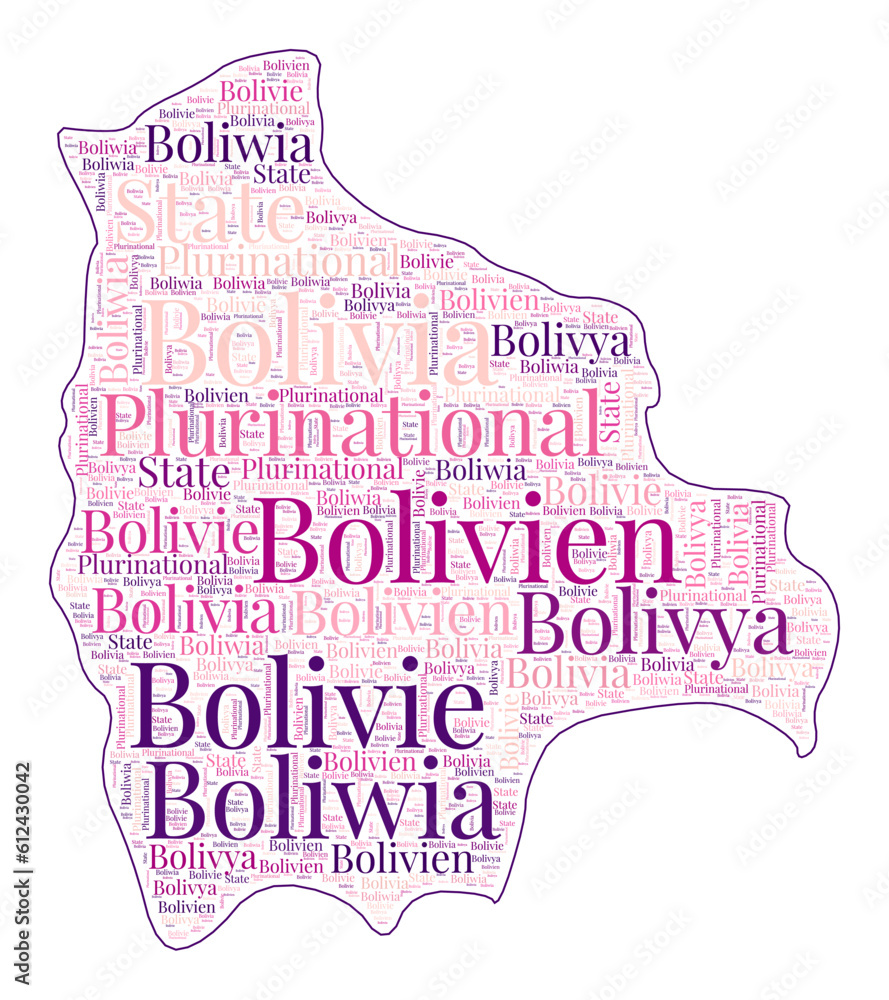 Bolivia shape filled with country name in many languages. Bolivia map ...