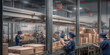 © Friedbert - A group of workers working in a factory. Generative AI. Packaging facility.