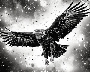 Poster - art eagle in space . dreamlike background with eagle . Hand Drawn Style illustration