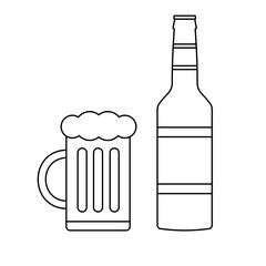 Sticker - Vector flat outline beer bottle and glass isolated on white background