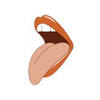 Open female mouth with protruding tongue. Vector illustration of red lips in vintage retro style.