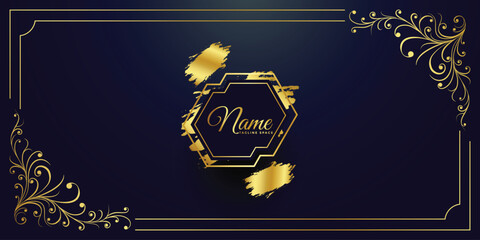 Luxury Floral Wedding Invitation Design Or Greeting Card Templates With Golden Peonies And On A Navy Blue Background.