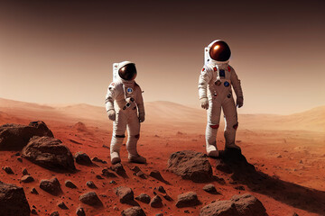 Wall Mural - Ravishing digital illustration of Mars landscape feature with red surface and mountain with astronaut. Space exploration and martian on red planet concept by generative AI.