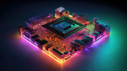 Wall Mural - 3D rainbow multi colored Processor CPU on a circuit board