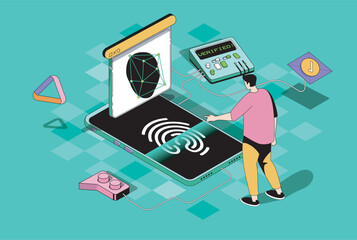 Fototapete - Biometric control concept in 3d isometric design. Man using secure access with ID verification, fingerprint scanning, face recognition. Vector illustration with isometry people scene for web graphic