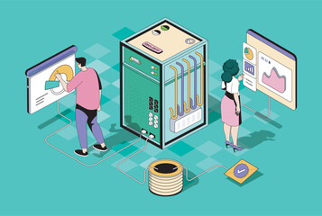Leinwandbilder - Data centre concept in 3d isometric design. Woman and man work as tech administrators, monitoring system and infrastructure optimization. Vector illustration with isometry people scene for web graphic