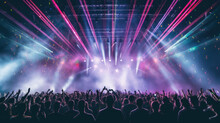 Live Festival Concert Illustration With Lights, Lasers, Smoke And A Dancing Crowd