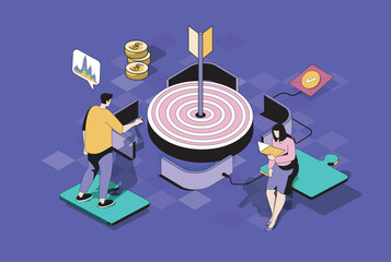 Wall Mural - focus group concept in 3d isometric design. marketing team study audience and customer behavior for 