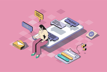 Fototapete - Messaging services concept in 3d isometric design. Woman using mobile app for sending emails, chatting with friends, answering messages. Vector illustration with isometry people scene for web graphic