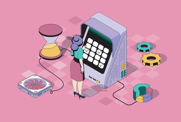 Wall Mural - Time management concept in 3d isometric design. Woman planning tasks and working time for control workflow organization to deadline. Vector illustration with isometry people scene for web graphic