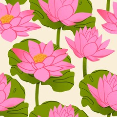 Wall Mural - Pink water Lily pads or lotus flowers, green leaves. Hand drawn illustration. Floral print with aquatic plants. Square seamless Pattern, background, wallpaper. Repeating design element for printing