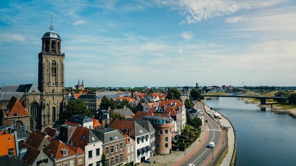 Canvas Print - Aerial view of cityscape Deventer surrounded by buildings