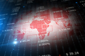 Abstract blurred digital business currency data with red world map illustration.