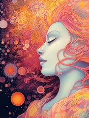 Wall Mural - Woman lost in meditation and contemplation, universe of bubbles around her, dreaming woman. Spirituality, esoteric, prayers. Generative AI.