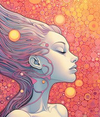 Wall Mural - Woman lost in meditation and contemplation, universe of bubbles around her, dreaming woman. Spirituality, esoteric, prayers. Generative AI.