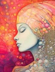 Wall Mural - Woman lost in meditation and contemplation, universe of bubbles around her, dreaming woman. Spirituality, esoteric, prayers. Generative AI.