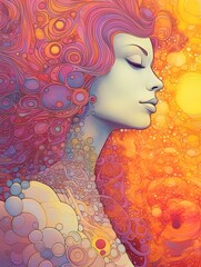 Wall Mural - Woman lost in meditation and contemplation, universe of bubbles around her, dreaming woman. Spirituality, esoteric, prayers. Generative AI.