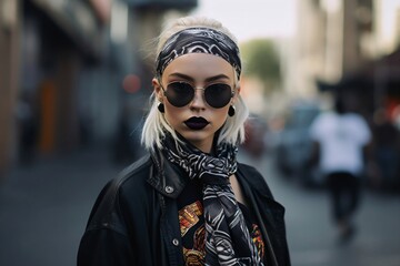 Wall Mural - blonde young woman with dark lips, big sunglasses and bandana created with Generative AI technology