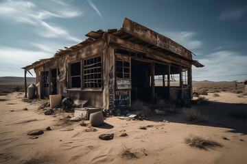 An abandoned shop in the middle of the desert.Created with generative ai