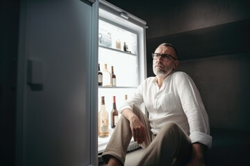 Middle aged man sitting near open refrigerator