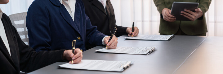 Wall Mural - Panorama view of corporate executives sign joint business contract in boardroom, negotiating partnership agreement for collaboration. Professional agreement between big corporations. Prodigy