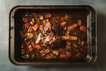 Sticker - Top view of a delicious meal with meat and vegetables in the sauce in the baking tray