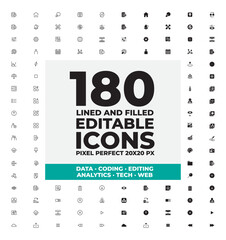 bundle minimal of line and filled editable vector pixel perfect icons for data, coding, editing, analytics, tech and web at 20x20px