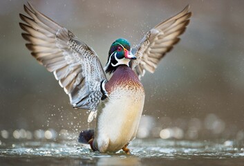 Poster - Closeup shot of a Wood Duck spreading its wings wide open