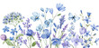 Watercolor blue flowers border banner for stationary, greetings, etc. floral decoration. Hand drawing.