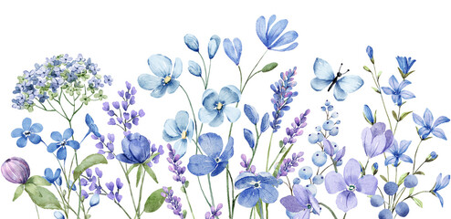 watercolor blue flowers border banner for stationary, greetings, etc. floral decoration. hand drawin