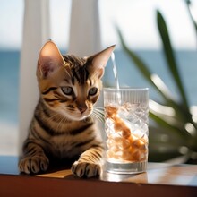 Portrait Of Bengal Kitten Sitting At The Seaside And Drinking Cocktail, Summer Rest Concept,illustration Created With Generative AI Technology