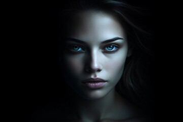 Wall Mural - serious face of beautiful woman with blue eyes created with Generative AI technology