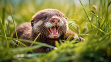A Comical Shot Of An Otter Rolling Around In The Grass, Completely Immersed In Its Own Joy And Exuberance Generative AI