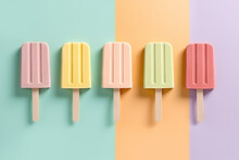 Ice Cream Sticks On Pastel Colors Background, Flat Lay. Generative AI.