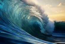 Inside A Beautiful Cresting Wave, Inside Ocean Wave Barrel, Glassy Ocean Wave Art, Photorealistic, Realism, Tropical, Laguna Beach California, Vivid Blue, Reflections, Wave Art, Golden Hour, Sun Kisse