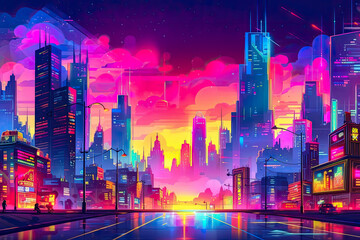 Futuristic vision of a city with vibrant colors. Abstract illustration. Generative AI