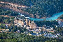 Iconic And Historic Fairmont Banff Springs In The Town Of Banff In The Canada Rockies Seen From The Top Of Sulphur Mountain