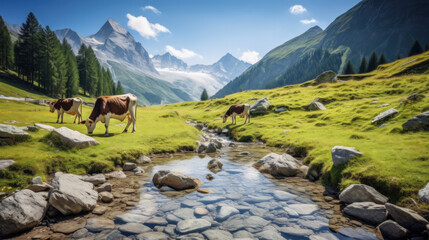 Wall Mural - Cows in Alps background. Illustration AI Generative.