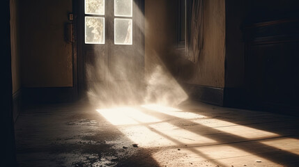 Wall Mural - Dusty room with old distressed windows and sun rays. Abandoned grungy interior with lights in the dust. Generated AI.