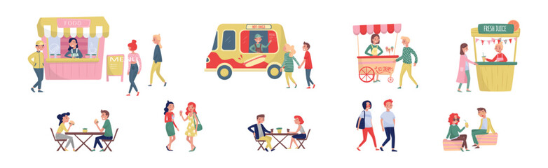 People Characters Eating Street Food Outdoor Vector Set