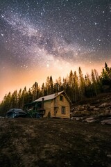 Wall Mural - Vertical shot of the wooden cottage against the background of the trees and beautiful starry sky.