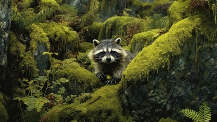 Sticker - Curious raccoon peeks out from behind moss-covered rocks, searching for hidden treasures. Generative AI