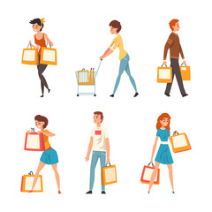 Wall Mural - People Characters Carrying Shopping Bags with Purchases Vector Set